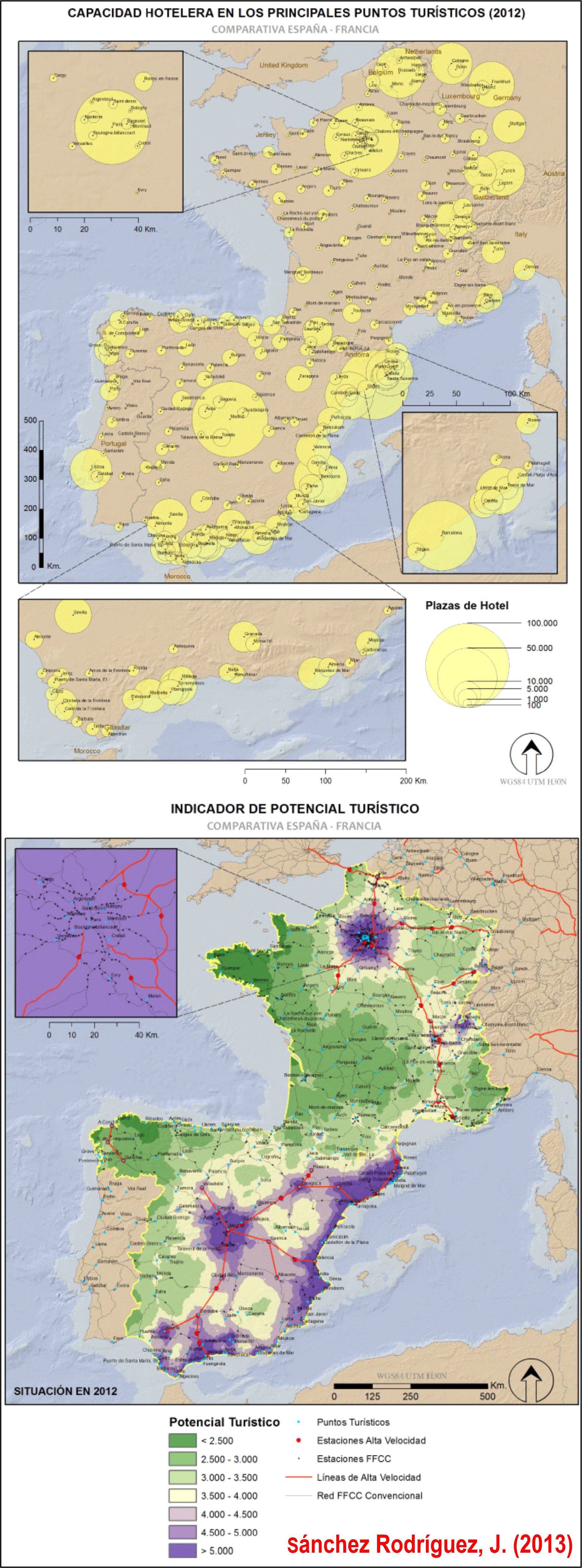 Evolución en los niveles de accesibilidad con el desarrollo de la alta velocidad ferroviaria en España. Comparativa entre España y Francia en 2012. Fuente: Sánchez Rodríguez, J. (2013). Trabajo Fin de Máster. https://eprints.ucm.es/24108/